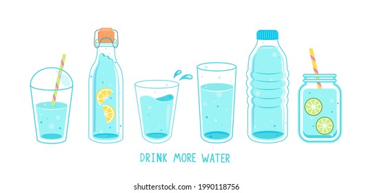 Set of clean and fresh water in bottles and glasses. Full glass, plastic takeaway cup, bottle with lemon, detox with lime, text. Hand drawn cute vector illustration. H2O for health.Drink more water.