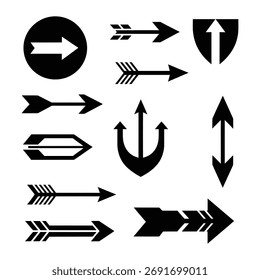 Un conjunto de símbolos gráficos limpios que representan la dirección y el movimiento. Incluye varios estilos de flecha y un icono de escudo, perfecto para transmitir información o orientación de una manera clara y visual.