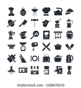 Set of clean icons featuring various kitchen utensils and cooking related objects isolated on black background.