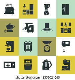 Set of clean icons featuring various kitchen utensils and cooking related objects isolated on various background.