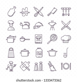 Set of clean icons featuring various kitchen utensils and cooking related objects isolated on white background.