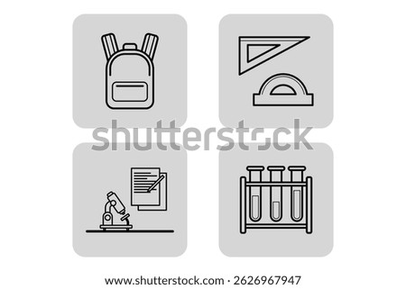 Set of clean icons representing essential educational tools like backpack, protractor, microscope, and test tubes. Suitable for use in educational materials or websites focused on learning