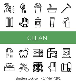 Set of clean icons such as Soap, Toothpick, Mask, Gloves, Bin, Mouthwash, Hot tub, Gel, Plunger, Shower, Tissue, Tooth, Hand sanitizer, Napkin, Faucet, Mobile, Paper roll , clean