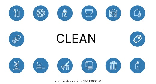 Set of clean icons. Such as Toothbrush, Surgery lamp, Cold water, Bucket, Home, Wind turbine, Tooth Brush, Broom, Towel, Trash, Spray, Do not disturb, Glove , clean icons
