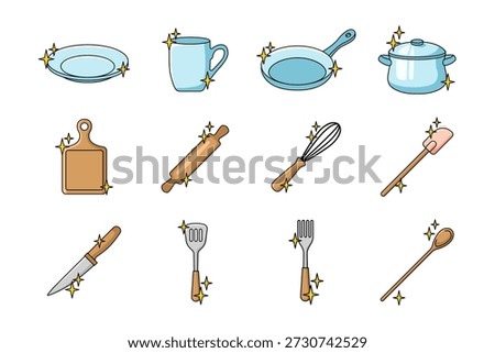 Set of Clean Kitchen Tools Icons with Sparkle. Hand drawn dishware, kitchen utensils, maid and housekeeping concept. Vector illustration.