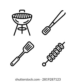 A set of clean line art icons depicting a barbecue grill, tongs, spatula, and shish kebab skewer. Perfect for culinary and outdoor cooking themes.