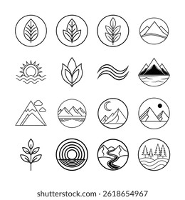 A Set of Clean Line Art Representations of Plants, Mountains, Sun, Water, Trees, and Scenic Landscapes, Designed for Eco-Friendly, Wellness, and Outdoor Branding or Visual Identity