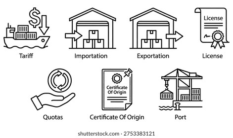 Set of clean line art vector icons illustrating global trade concepts like tariffs, import, export, quotas, license, and port, perfect for business and logistics.