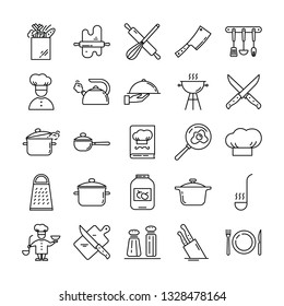 Set of clean line icons featuring various kitchen utensils and cooking related objects isolated on white background.