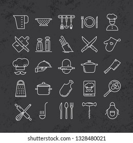 Set of clean line icons featuring various kitchen utensils and cooking related objects isolated on black background.