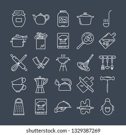 Set of clean line icons featuring various kitchen utensils and cooking related objects isolated on black background.