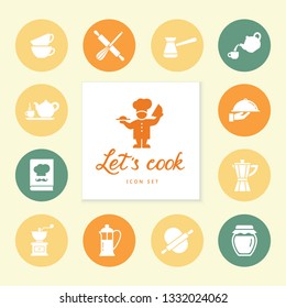 Set of clean line icons featuring various kitchen utensils and cooking related objects. Signs, icons, kitchen, restaurant, cafe, food, drinks, utensils, contour drawing.