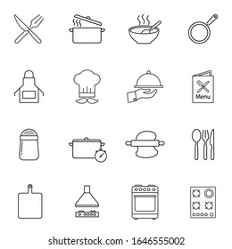 Set of clean line icons featuring various kitchen utensils and cooking related objects. Thin linear graphic pictogram for web site, mobile application. Logo illustration. Eps10.