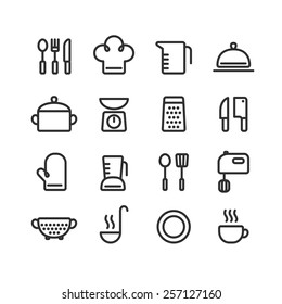 Set of clean line icons featuring various kitchen utensils and cooking related objects.