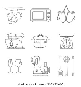 Set of clean line icons featuring various kitchen utensils and cooking related objects