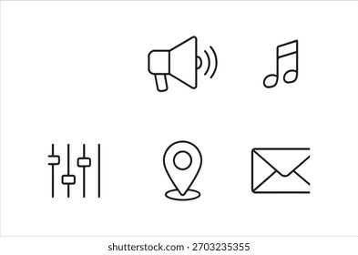 A set of clean, linear icons representing common features like sound, location, and messaging.