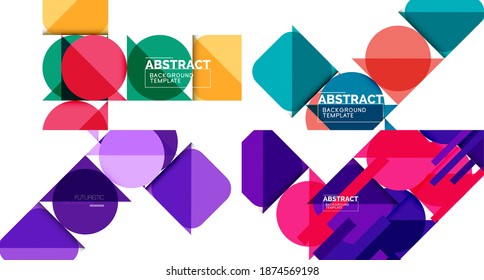 Conjunto de fondos abstractos geométricos mínimos limpios con triángulos y círculos. Ilustración vectorial para cubiertas, pancartas, volantes y carteles y otros diseños