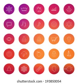 Set of clean and minimal round vector icons. White contour over blurry bright red and pink background