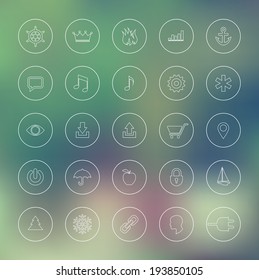 Set of clean and minimal round vector icons. White contour over a blurry background