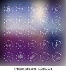 Set of clean and minimal round vector icons. White contour over blurry purple background