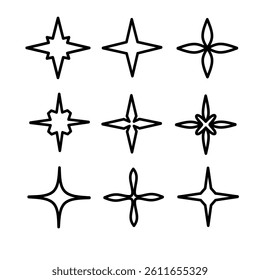A set of clean and minimal sparkle icons in black outline style. Includes various starburst and twinkle shapes perfect for user interface, decorative design, or magical visual effects.