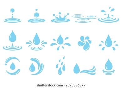 A set of clean and minimal water drop and splash icons. Ideal for eco-friendly designs, water conservation campaigns, plumbing services, and refreshing branding elements.