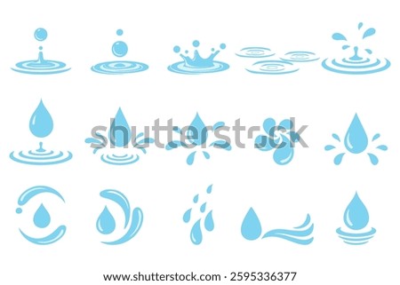A set of clean and minimal water drop and splash icons. Ideal for eco-friendly designs, water conservation campaigns, plumbing services, and refreshing branding elements.