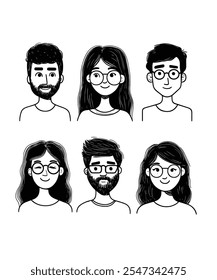 A set of clean and minimalist black-and-white cartoon-style illustrations featuring six unique character faces with different hairstyles, expressions, and glasses. 