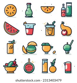 Set of clean and minimalist icons representing popular food items like fruits, vegetables, desserts, or beverages. These icons could be utilized in recipe websites, cooking apps, or food-related promo