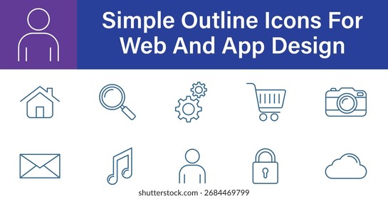 A set of clean, minimalist line art icons including a house, magnifying glass, gears, shopping cart, 
camera, envelope, musical note, person, lock, and cloud. Ideal for web design and app interface