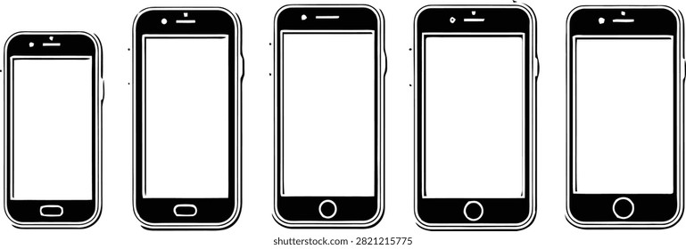 A set of clean minimalist vector smartphone outlines representing various mobile device sizes. These high-resolution icons are ideal for web design app development mobile UI layouts and digital technology concepts.