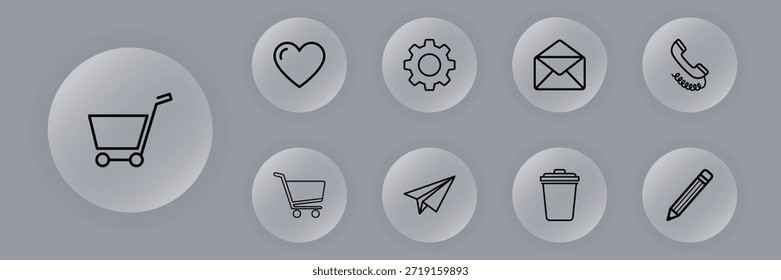 A set of clean, modern vector icons including shopping cart, heart, gear, home, needle and thread