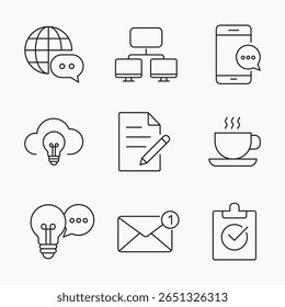 Set of clean outline icons illustrating digital communication, cloud ideas, notifications and professional workflow, Perfect for business or tech projects, vector illustration