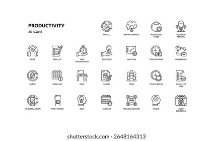 Set of clean outline productivity icons showing key concepts like task planning workflow time management communication for office and app interface