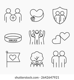 Set of clean outline style icons symbolizing friendship, trust, love and loyalty, Ideal for UI UX, social apps and relationship themed designs, vector illustration