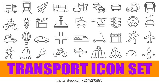 Set of clean outline transport icons including land, air and water vehicles, editable stroke vector pack, Flat Illustration

