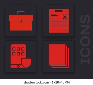 Establecer papel limpio, maletín, documento personal e icono de seguro de Smartphone. Vector