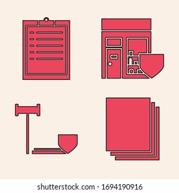 Ajuste papel limpio, Portapapeles con lista de comprobación, Compra con escudo y Juzgue con icono de escudo. Vector