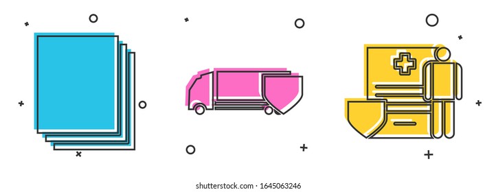 Set Clean paper, Delivery cargo truck with shield and Medical clipboard with clinical record icon. Vector