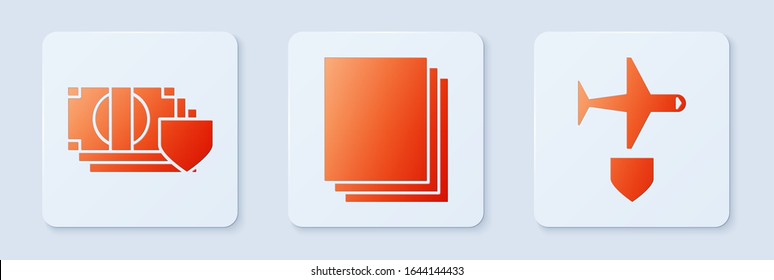 Set Clean paper, Money with shield and Plane with shield. White square button. Vector