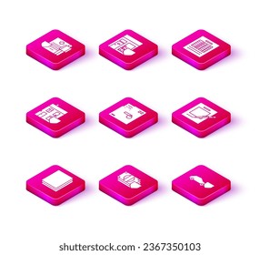 Establecer papel limpio, dinero con escudo, casa, sobre ordenado, coche, bloc de notas en blanco y bolígrafo, Archivo de informe e icono de construcción de compras. Vector