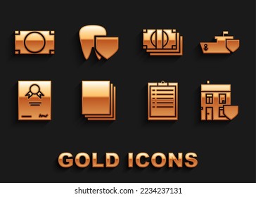 Set Clean paper, Ship with shield, House, Clipboard checklist, Certificate template, Stacks money cash,  and Tooth icon. Vector