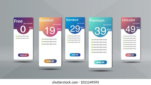 Set of clean price list. Three banners with tariffs. Flat web promo elements.