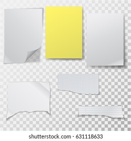 A set of clean sheets of paper on the transparent isolated background. Empty templates with a realistic shadow. The crumpled and broken-off forms of sheets. Vector illustration.