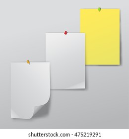 A set of the clean sheets of paper pinned to a gray wall. Crumpled paper in vertical position with a shadow on the isolated background. Vector realistic illustration.