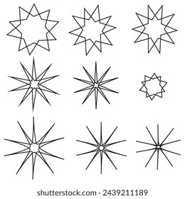 Conjunto de iconos limpios brillantes. Signo de chispa. Iconos de estrellas. Estrellas centelleantes. Brillos, explosión brillante. Silueta brillante. Emojis estrella. Vector de formas de estrella centelleante