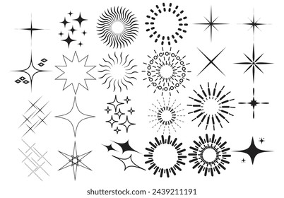 Conjunto de iconos limpios brillantes. Signo de chispa. Iconos de estrellas. Estrellas centelleantes. Brillos, explosión brillante. Silueta brillante. Emojis estrella. Vector de formas de estrella centelleante