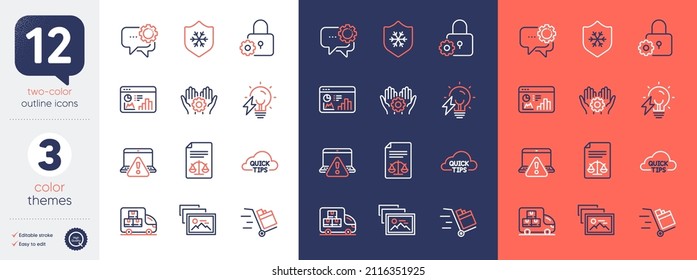 Juego de pieles limpias, estadísticas Seo e iconos de línea de camión de entrega. Incluir advertencia en línea, mensajero de empleados, iconos de consejos rápidos. Mano de empleado, documentos legales, elementos web de la bombilla eléctrica. Vector