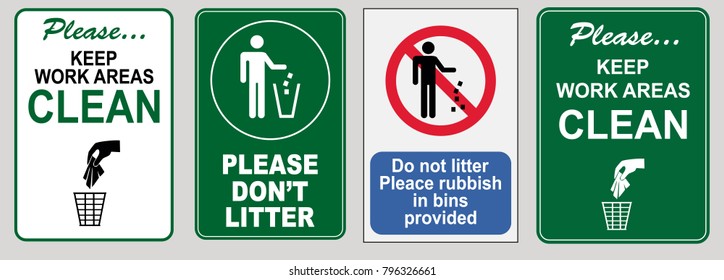 set of Clean sticker sign for plant site outdoor (please do not litter, place all refuse in trash receptacles, keep our restroom clean, pitch in put trash in it's place, keep bathroom clean)