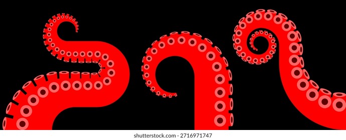 «Un conjunto de tentáculos de pulpo limpios y estilizados en rojo vibrante sobre un fondo oscuro sólido. Esta atrevida Ilustración vectorial es perfecta para el branding moderno, el diseño de carteles, los conceptos de tatuaje o como un elemento gráfico llamativo para cualquier proyecto. Creado con rellenos sólidos para una fácil edición y escalado.»